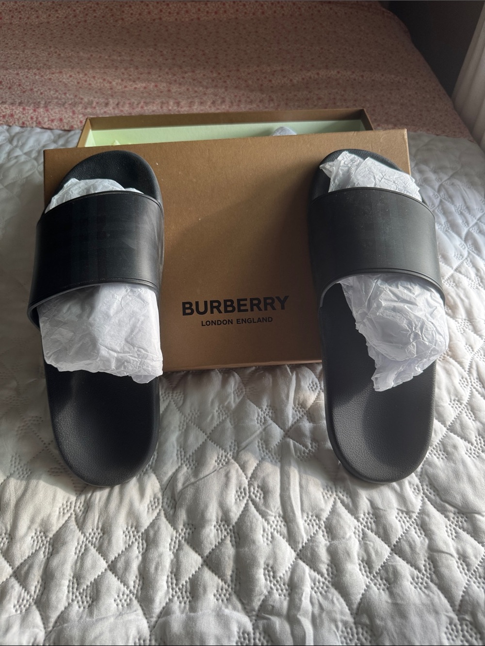 Burberry Black Leather Slide Sandals with Embossed Logo